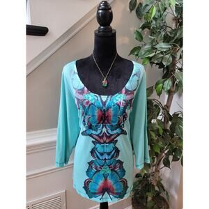 One World Tunic Top 2X Aqua Butterfly Graphic Scoop Long Sleeve Casual Pullover